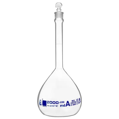 Eisco Scientific Volumetric Flask, Borosilicate Glass, Class A, Glass Stopper, 2,000 mL