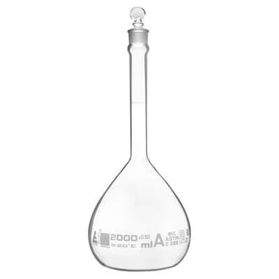 Eisco Scientific Volumetric Flask, Borosilicate Glass, Class A, Glass Stopper, 2,000 mL