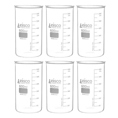 Eisco Scientific Beakers, Berzelius Tall Form, Borosilicate Glass, 600 mL, 6/Pack