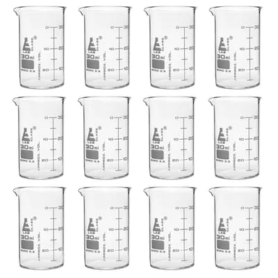 Eisco Scientific Beakers, Low Form, Borosilicate Glass, 30 mL, 12/Pack