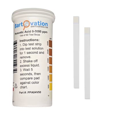 Bartovation Peracetic Acid Test Strips, Extra High Level, 0-3,000 ppm