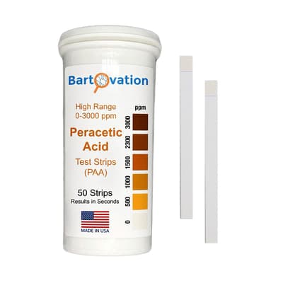 Bartovation Peracetic Acid Test Strips, Extra High-Level, 0 to 3,000 ppm, 50 Tests/Vial