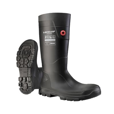 Dunlop® Purofort® FieldPRO Safety Boots, Steel Toe, 16", Sneaker Fit, Polyurethane, Black, SRC Outsole, Waterproof, Insulated, 1 Pair