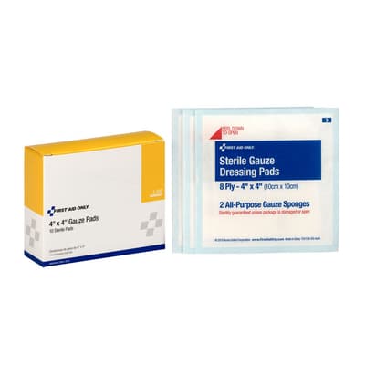 First Aid Only® Gauze Pads, 4" x 4", Sterile, White, 10/Box