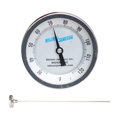 3" Dial Sanitary Bimetal Thermometer, 25-125 F, 24" Stem, 1/2" NPT, Plexiglass Lens