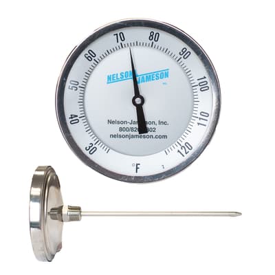 2" Dial Sanitary Bimetal Thermometer, 25-125 F, 15" Stem, 1/2" NPT, Plexiglass Lens