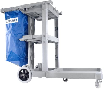JC1945L23 Janitorial Cart with Long Platform and 25-Gallon Nylon Bag, Gray, 3-Shelf