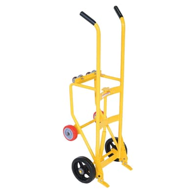 Vestil Drum Truck Cradle With Mold On Rubber Wheel, Steel, 1,000-lb Capacity, Yellow, 20-1/16"L x 23-11/16"W x 60-5/8"H, 1 Each