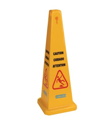 Sparta® 360° Caution Wet Floor Sign, Yellow, 12.5"W x 36"H, Polypropylene, 4-Sided, Bilingual, English/Spanish/French, 1 Each