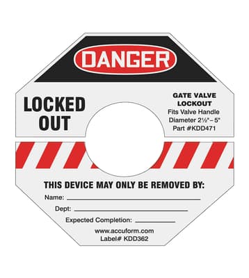STOPOUT® "Danger - Locked Out" Gate Valve Lockout Label, Color-Coded, Fits Gate Vave 1" to 2.5", 1 Each