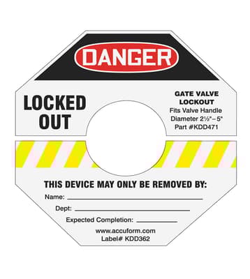 STOPOUT® "Danger - Locked Out" Gate Valve Lockout Label, Color-Coded, Fits Gate Vave 1" to 2.5", 1 Each