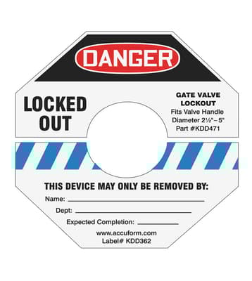 STOPOUT® "Danger - Locked Out" Gate Valve Lockout Label, Color-Coded, Fits Gate Vave 1" to 2.5", 1 Each