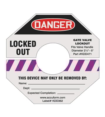 STOPOUT® "Danger - Locked Out" Gate Valve Lockout Label, Color-Coded, Fits Gate Vave 1" to 2.5", 1 Each