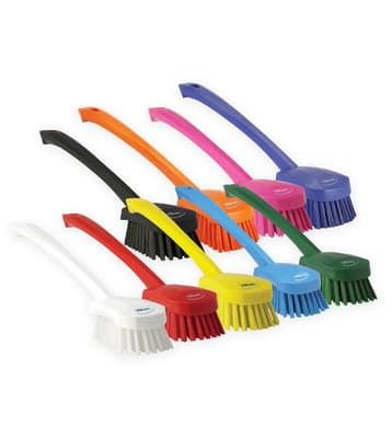 Vikan® Long Handle Hand Brush, Color-Coded, 2.8"W x 16.3"L, Stiff Polyester Bristles, Polypropylene Block, 1 Each