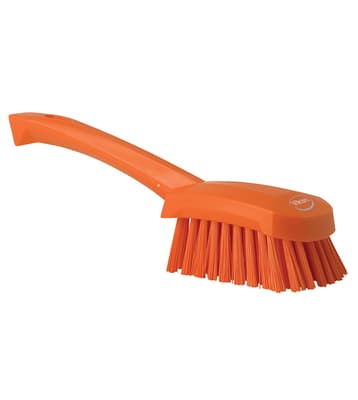 Vikan® Short Handle Hand Brush, Color-Coded, 2.8"W x 10.6"L, Stiff Polyester Bristles, Polypropylene Block, 1 Each