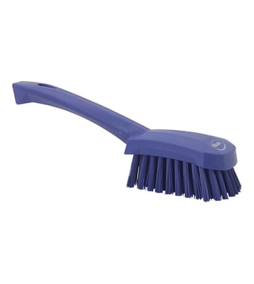 Vikan® Short Handle Hand Brush, Color-Coded, 2.8"W x 10.6"L, Stiff Polyester Bristles, Polypropylene Block, 1 Each