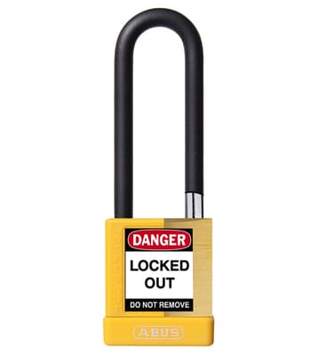ABUS Plastic Covered Brass Core Padlock, Keyed Different, Color-Coded, 2" Body, 1/4" Dia Shackle, 1 Each