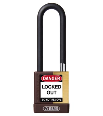 ABUS Plastic Covered Brass Core Padlock, Keyed Different, Color-Coded, 2" Body, 1/4" Dia Shackle, 1 Each