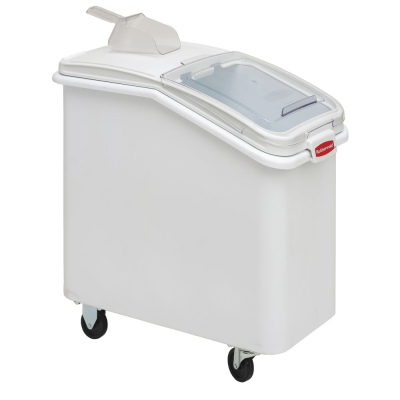 Rubbermaid® ProSave® 3602 Sloped Front Ingredient Bin with Casters, Sliding Lid, and 32-oz Scoop, 26-Gallon Capacity, White