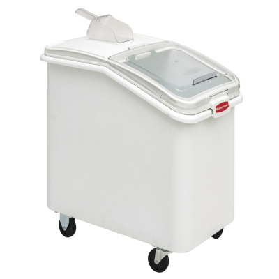 Rubbermaid® ProSave® 3603 Sloped Front Ingredient Bin with Casters, Sliding Lid, and 32-oz Scoop, 31-Gallon Capacity, White