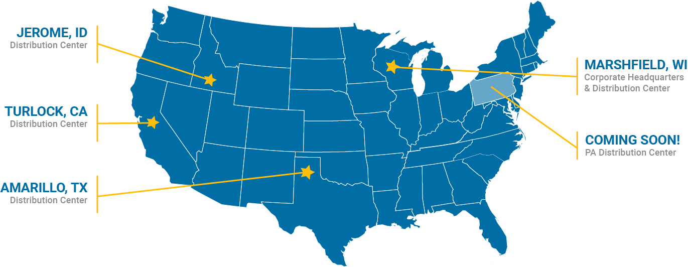 map of united states 5 distribution centers nationwide Nelson-Jameson