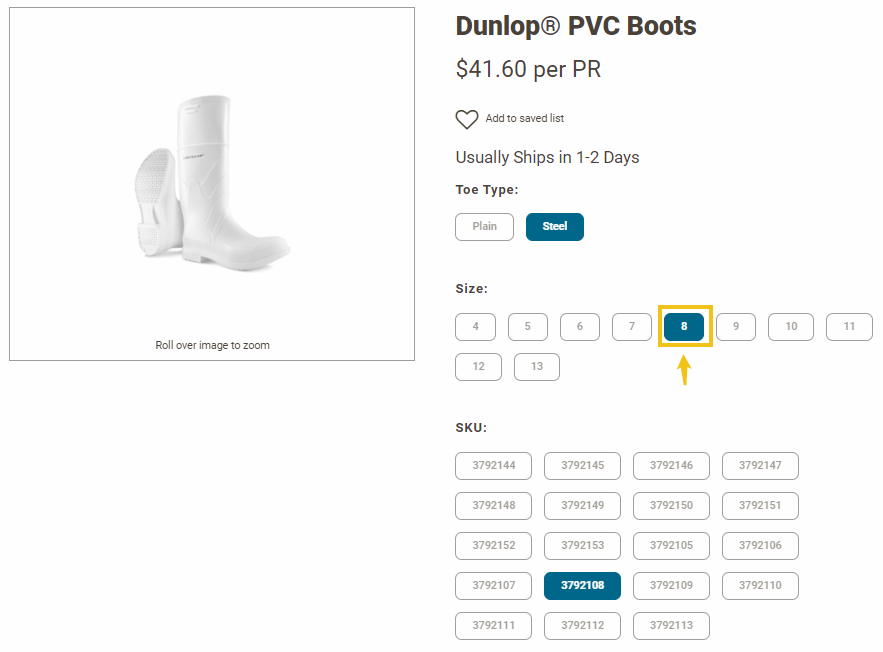 Dunlop boot product record with toe type steel selected and size 8 selected