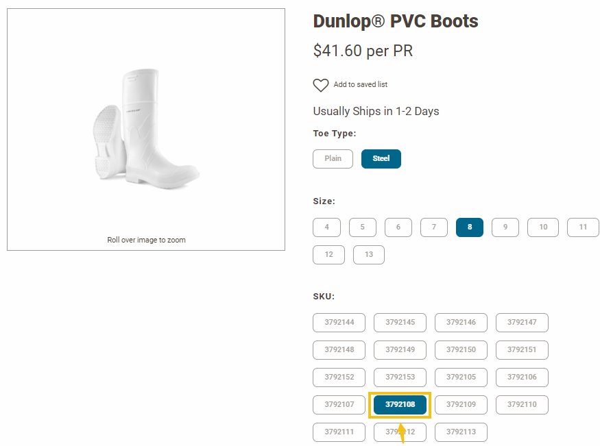 Dunlop boot product record with sku selected