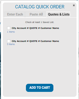 Catalog quick order box with quotes & lists tab selected