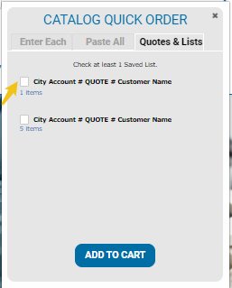 Catalog quick order, selecting a saved list