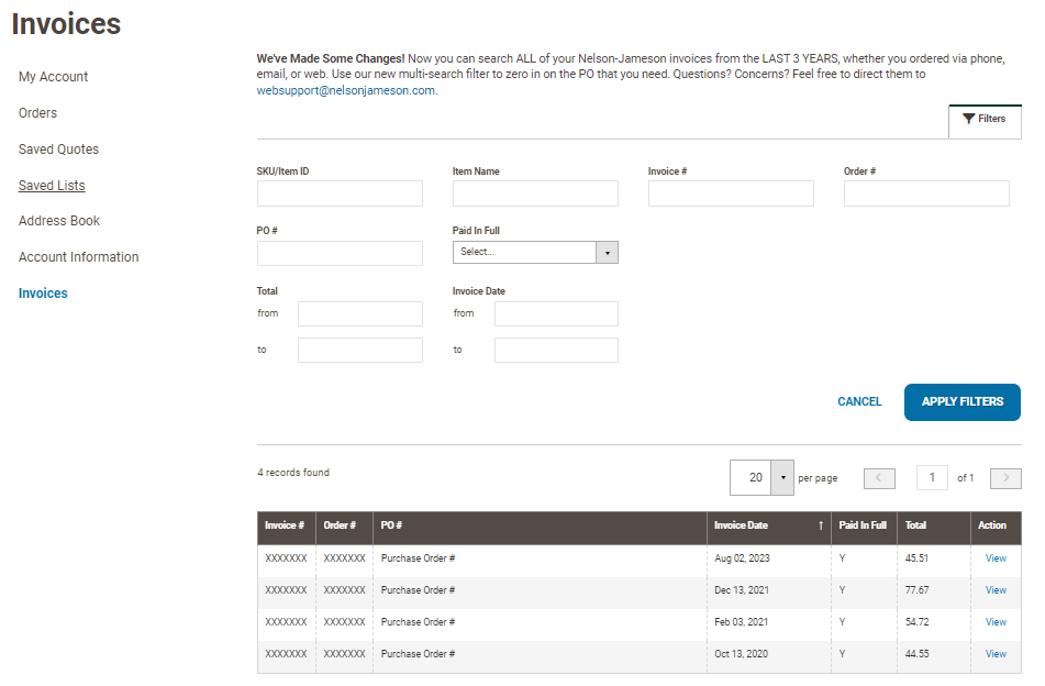 Invoices page on Nelson-Jameson website