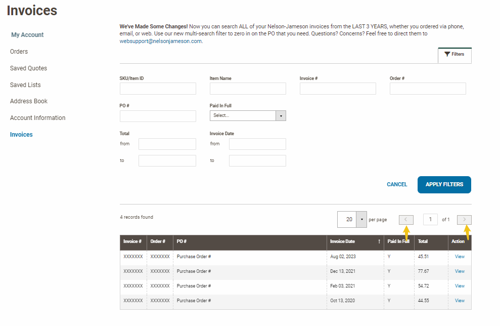 Filters at the top of the invoice table