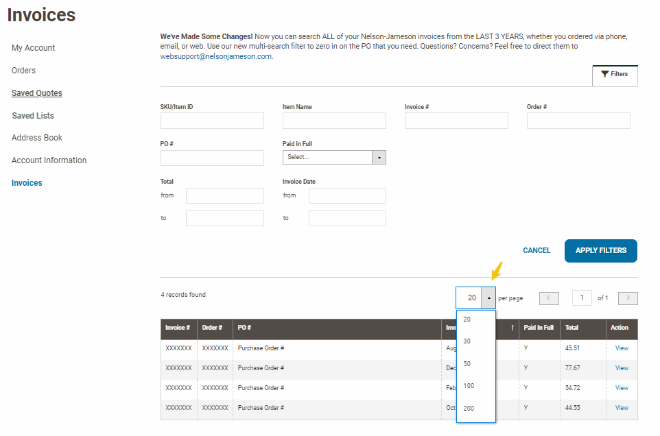 Filter number of invoices per page