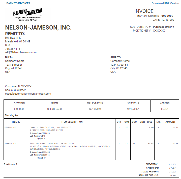 Nelson-Jameson invoice example