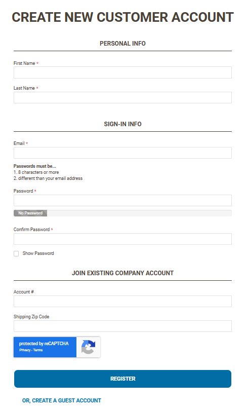 Create new customer account form