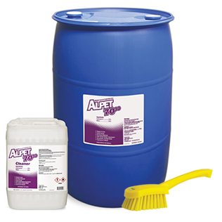 Alpet Surface Cleaner in a drum and jug, yellow scrub brush