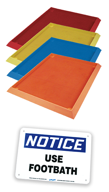 Color-Coded disinfectant mats and "Use Footbath" sign