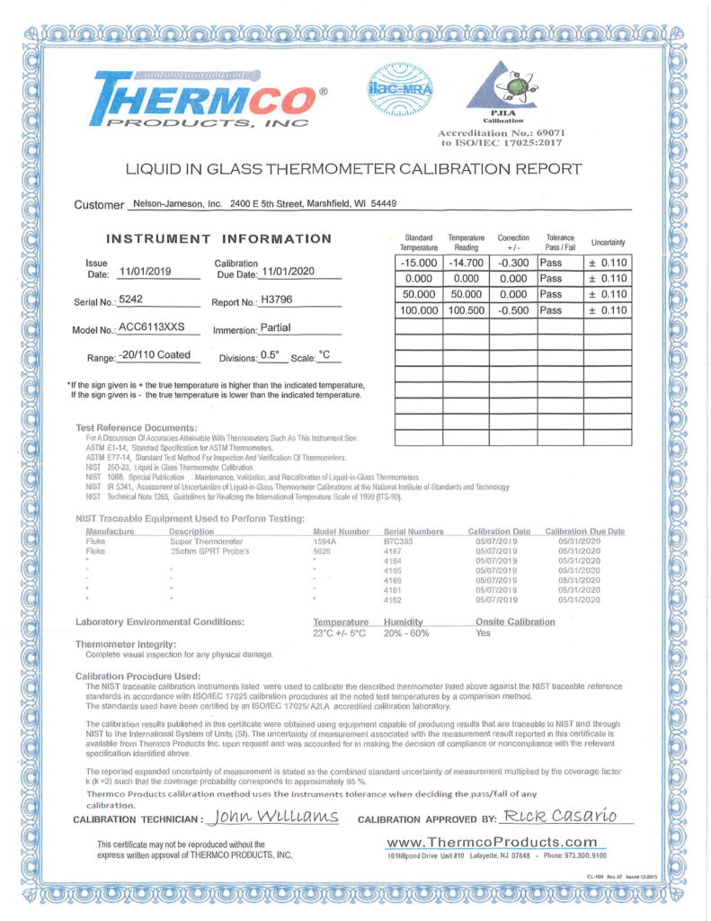 NIST Traceable Certificate of Calibration Remote Temperature Sensor
